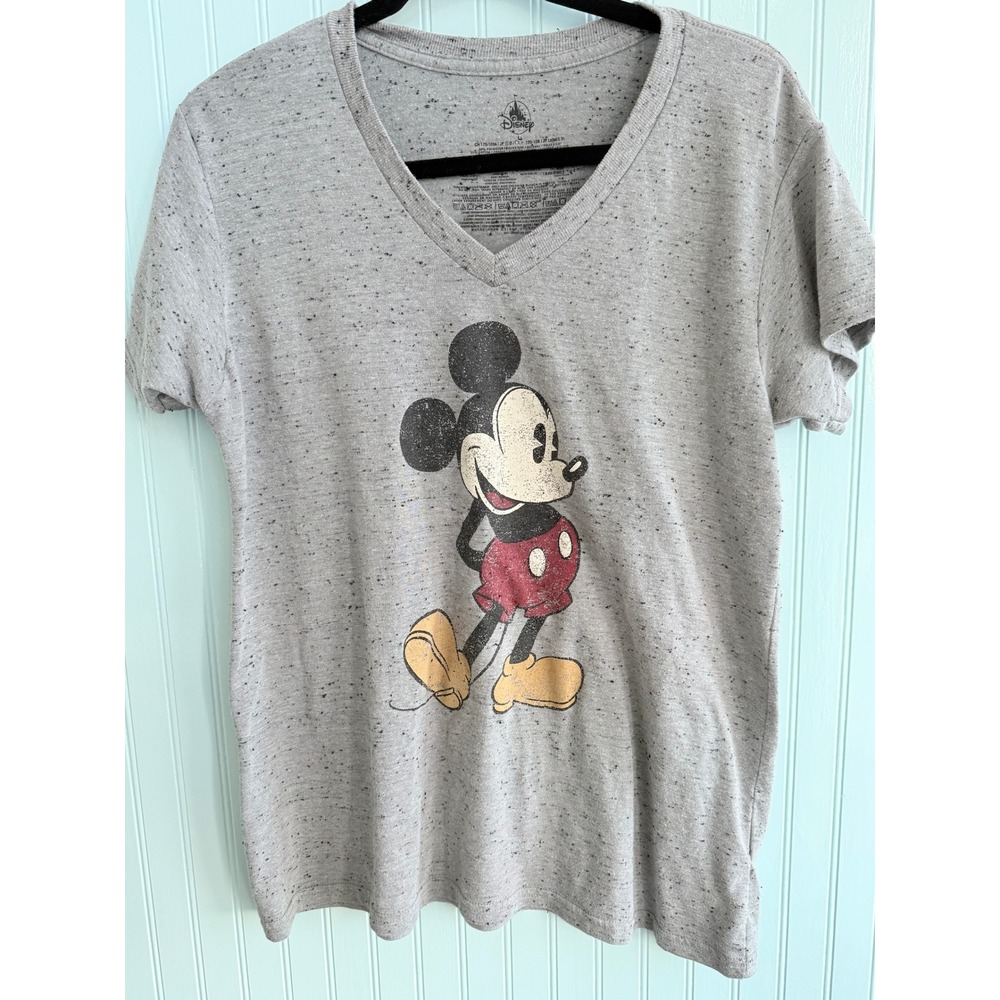 Disney Mickey Mouse Graphic V Neck T‎ Shirt Gray Speckled Retro